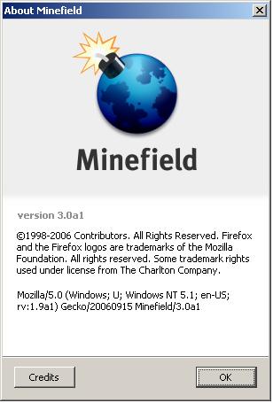 Screenshot of Mozilla Firefox 3.0 (Minefield) Help > About window
